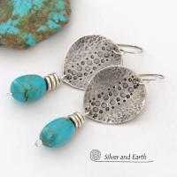 Handcrafted Sterling Silver & Turquoise Earrings with a Rustic, Hammered Earthy Organic Southwest Style 