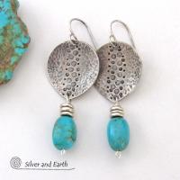 Handcrafted Sterling Silver & Turquoise Earrings with a Rustic, Hammered Earthy Organic Southwest Style 