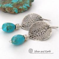 Handcrafted Sterling Silver & Turquoise Earrings with a Rustic, Hammered Earthy Organic Southwest Style 