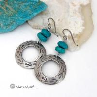 These handcrafted earrings feature silver pewter hoops with a hand stamped texture accented with natural, genuine turquoise stones with a faceted finish. They have an earthy modern style with southwest flair that coordinates beautifully with all wardrobe types. Handmade in the USA by Silver and Earth Jewelry, a New Mexico True Certified Business.