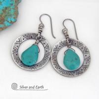 Hand Stamped Silver Pewter Hoop Earrings with Natural Turquoise Stones - Artisan Handcrafted Western Chic Southwest Style Jewelry