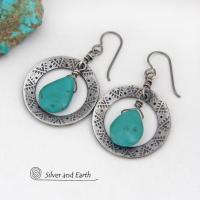 Hand Stamped Silver Pewter Hoop Earrings with Natural Turquoise Stones - Artisan Handcrafted Western Chic Southwest Style Jewelry
