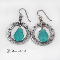 Hand Stamped Silver Pewter Hoop Earrings with Natural Turquoise Stones - Artisan Handcrafted Western Chic Southwest Style Jewelry
