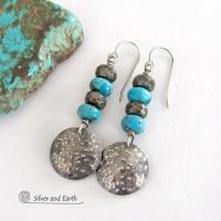 Rustic Hammered Sterling Silver and Turquoise Earrings with Pyrite Stones - Artisan Handmade Earthy Modern Sterling Jewelry