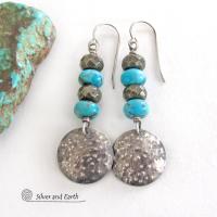 Rustic Hammered Sterling Silver and Turquoise Earrings with Pyrite Stones - Artisan Handmade Earthy Modern Sterling Jewelry