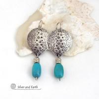 Handcrafted Sterling Silver & Turquoise Earrings with a Rustic, Hammered Earthy Organic Southwest Style 