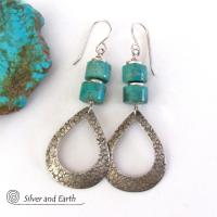 These handcrafted earrings feature textured sterling silver hoop dangles accented with a stack of turquoise stones. They have a modern, chic flair and will look great with all wardrobe styles. Tiny pewter beads were added as an accent. Earrings are lightweight and comfortable to wear. Handmade in the USA by Silver and Earth jewelry.
