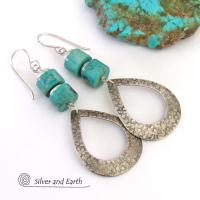 Turquoise & Sterling Silver Hoop Earrings - Chic Modern Sundance Style Jewelry