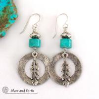 Sterling Silver Hoop Earrings with Turquoise and Feathers - Modern Southwestern Style Jewelry