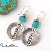 Sterling Silver Hoop Earrings with Turquoise and Feathers - Modern Southwestern Style Jewelry