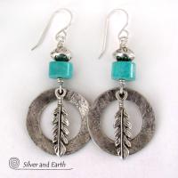 Sterling Silver Hoop Earrings with Turquoise and Feathers - Modern Southwestern Style Jewelry