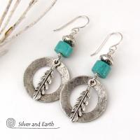 Sterling Silver Hoop Earrings with Turquoise and Feathers - Modern Southwestern Style Jewelry