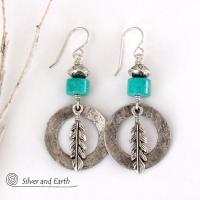 Sterling Silver Hoop Earrings with Turquoise and Feathers - Modern Southwestern Style Jewelry