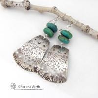 These handcrafted earrings feature sterling silver with a unique hammered and hand stamped texture accented with natural turquoise stones. They have a modern chic style with a bold southwestern flair. 