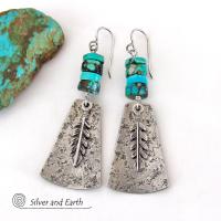 Sterling Silver Earrings with Turquoise and Feathers - Modern Southwest Style Jewelry