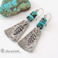 Sterling Silver Earrings with Turquoise and Feathers - Modern Southwest Style Jewelry