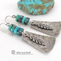 Sterling Silver Earrings with Turquoise and Feathers - Modern Southwest Style Jewelry