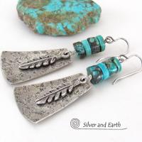 Sterling Silver Earrings with Turquoise and Feathers - Modern Southwest Style Jewelry