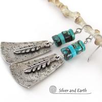 Sterling Silver Earrings with Turquoise and Feathers - Modern Southwest Style Jewelry