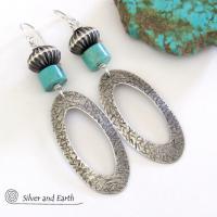 Sterling Silver Hoop Earrings with Turquoise - Modern Southwest Silver & Turquoise Jewelry