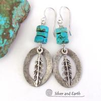 Sterling Silver Earrings with Turquoise and Feathers - Modern Southwestern Style Jewelry