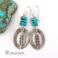 Sterling Silver Earrings with Turquoise and Feathers - Modern Southwestern Style Jewelry