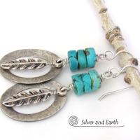 Sterling Silver Earrings with Turquoise and Feathers - Modern Southwestern Style Jewelry