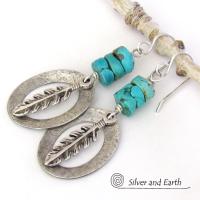 Sterling Silver Earrings with Turquoise and Feathers - Modern Southwestern Style Jewelry