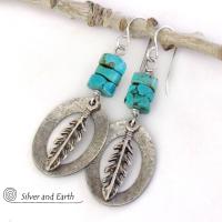 Sterling Silver Earrings with Turquoise and Feathers - Modern Southwestern Style Jewelry