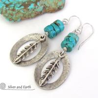 Sterling Silver Earrings with Turquoise and Feathers - Modern Southwestern Style Jewelry