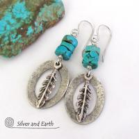 Sterling Silver Earrings with Turquoise and Feathers - Modern Southwestern Style Jewelry