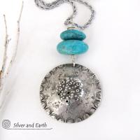 Turquoise Sterling Silver Pendant Necklace - Earthy Rustic Silver Jewelry