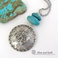 Turquoise Sterling Silver Pendant Necklace - Earthy Rustic Silver Jewelry