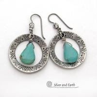 Hand Stamped Silver Pewter Hoop Earrings with Natural Turquoise Stones - Artisan Handcrafted Western Chic Southwest Style Jewelry