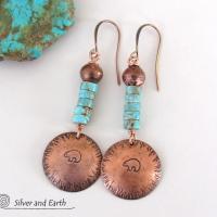 Hand Stamped Zuni Bear Copper & Turquoise Earrings - Southwestern Style Jewelry