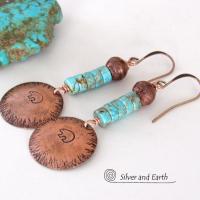 Hand Stamped Zuni Bear Copper & Turquoise Earrings - Southwestern Style Jewelry