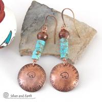 Hand Stamped Zuni Bear Copper & Turquoise Earrings - Southwestern Style Jewelry