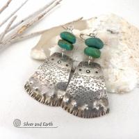 Hand Stamped Sterling Silver and Turquoise Earrings - Bold Unique Southwest Style Jewelry