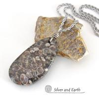 Turritella Fossil Stone Pendant Necklace - One of Kind Earthy Natural Fossil Jewelry