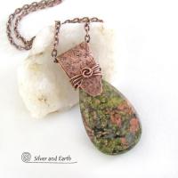 Unakite Pink Green Gemstone and Copper Pendant Necklace - Handcrafted One of a Kind Earthy Natural Stone Jewelry