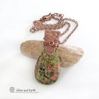 Unakite Pink Green Gemstone and Copper Pendant Necklace - Handcrafted One of a Kind Earthy Natural Stone Jewelry