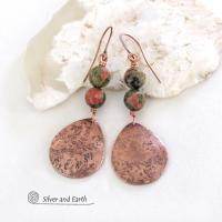 Unakite Pink Green Gemstone Earrings with Copper Teardrop Dangles - Artisan Handcrafted Copper Metal Jewelry