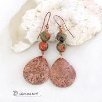 Unakite Pink Green Gemstone Earrings with Copper Teardrop Dangles - Artisan Handcrafted Copper Metal Jewelry