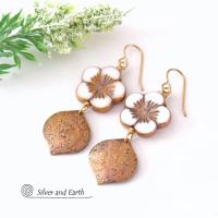 White and Gold Glass Flower Earrings with Gold Brass Dangles - Unique Nature Jewelry Gifts for Women
