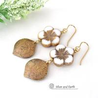 White and Gold Glass Flower Earrings with Gold Brass Dangles - Unique Nature Jewelry Gifts for Women