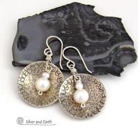 Small Sterling Silver Earrings with Dangling White Pearls - Modern Silver Jewelry