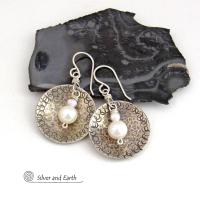 Small Sterling Silver Earrings with Dangling White Pearls - Modern Silver Jewelry