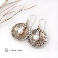 Small Sterling Silver Earrings with Dangling White Pearls - Modern Silver Jewelry