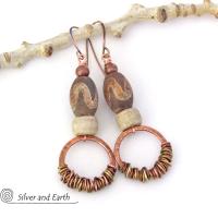 Wire Wrapped Copper Hoop Dangle Earrings with Etched Tibetan Agate Stones