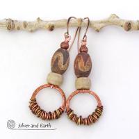 Wire Wrapped Copper Hoop Dangle Earrings with Etched Tibetan Agate Stones